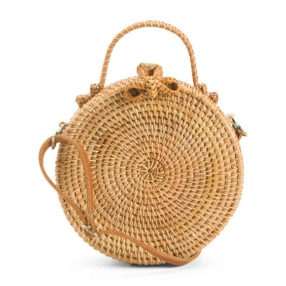 Handwoven Wicker Circle Crossbody Rattan Bag With - Picture 1 of 4